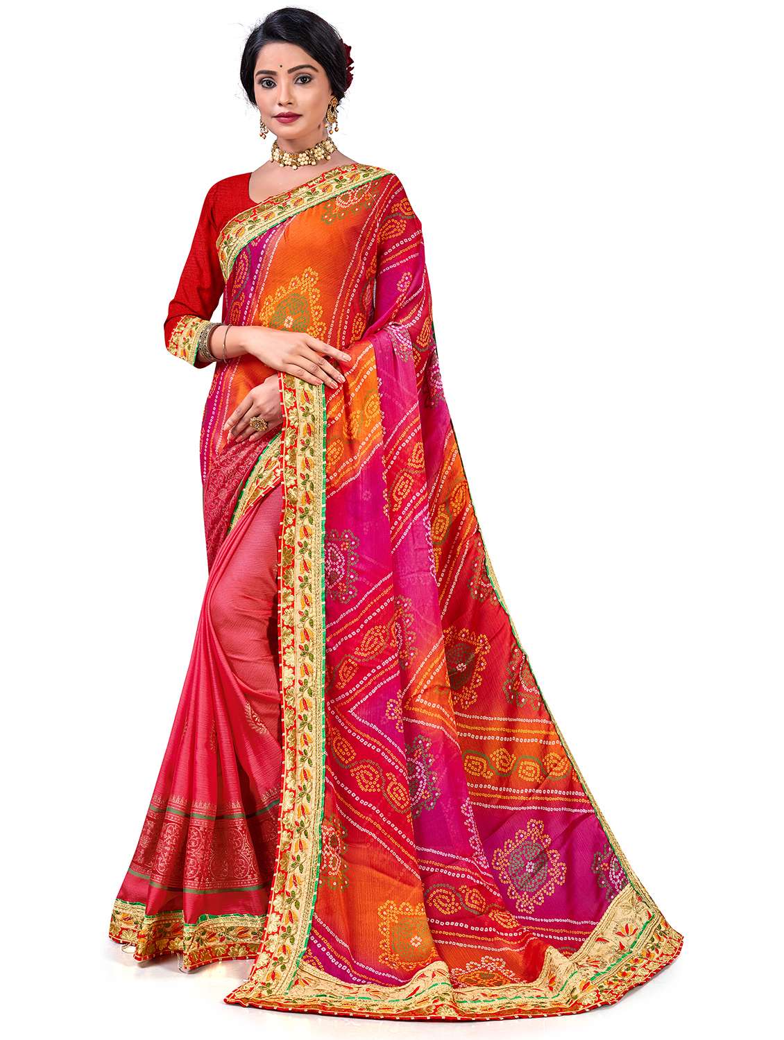 women bandhani printed half & half saree with blouse