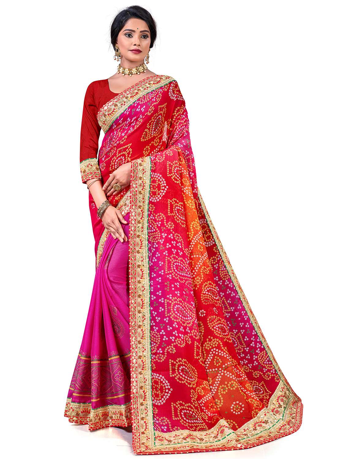 women bandhani printed half & half saree with blouse