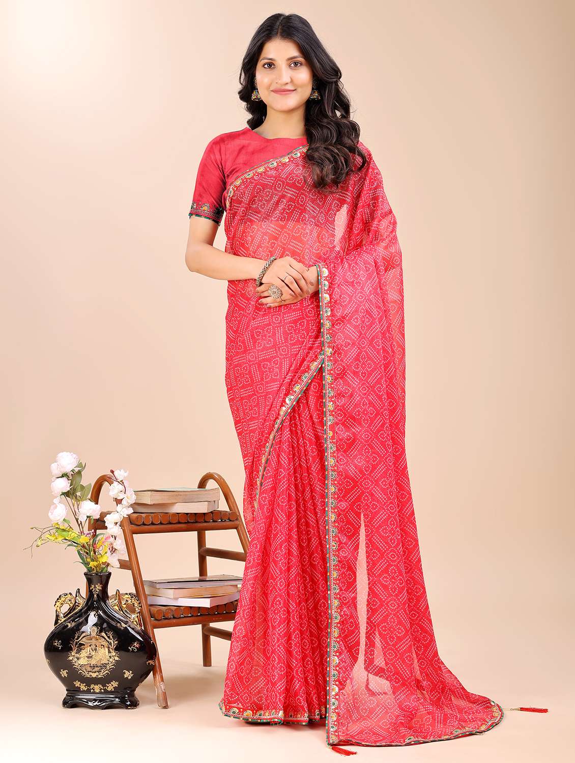 women bandhani printed saree with blouse
