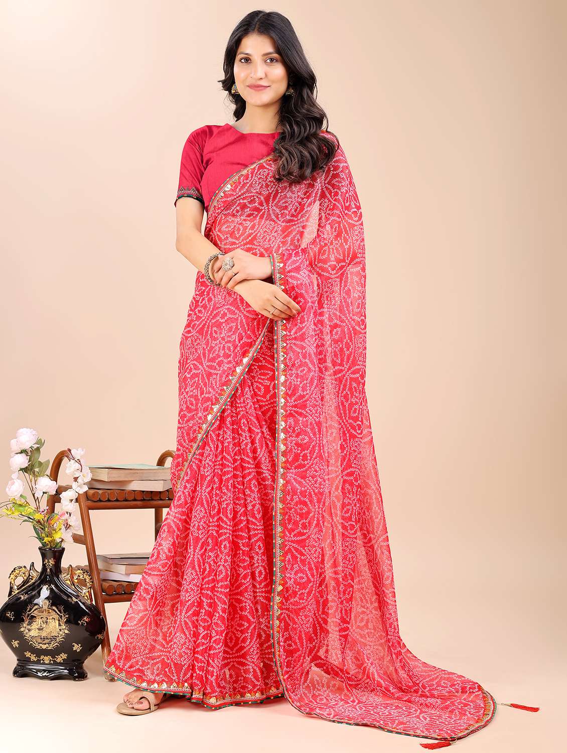 women bandhani printed saree with blouse