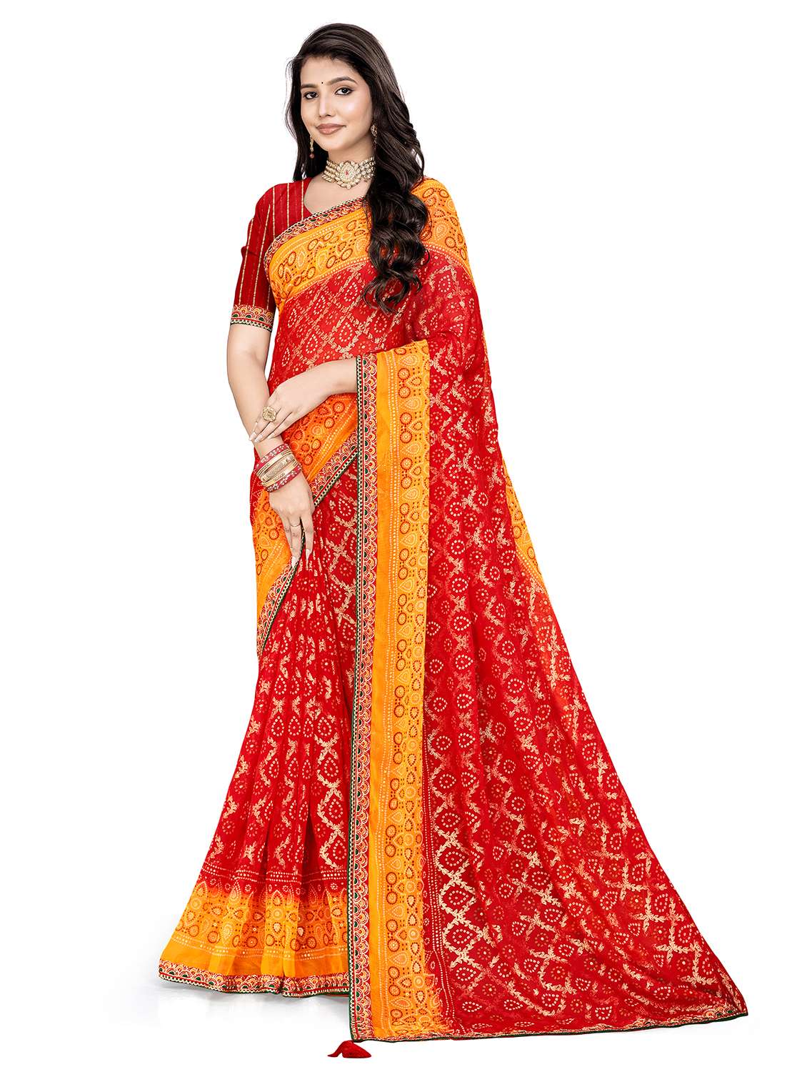 women bandhani printed saree with blouse