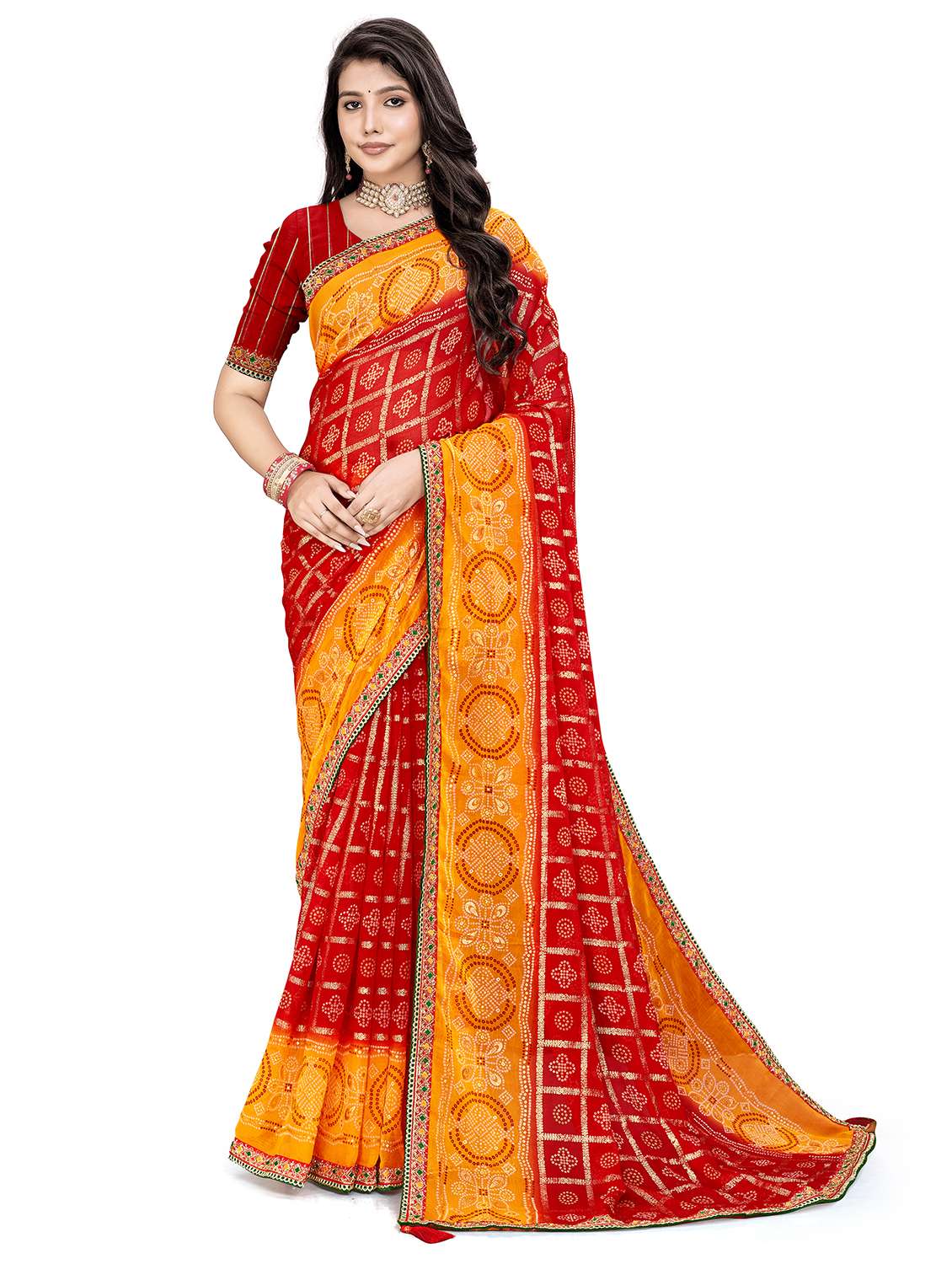 women bandhani printed saree with blouse