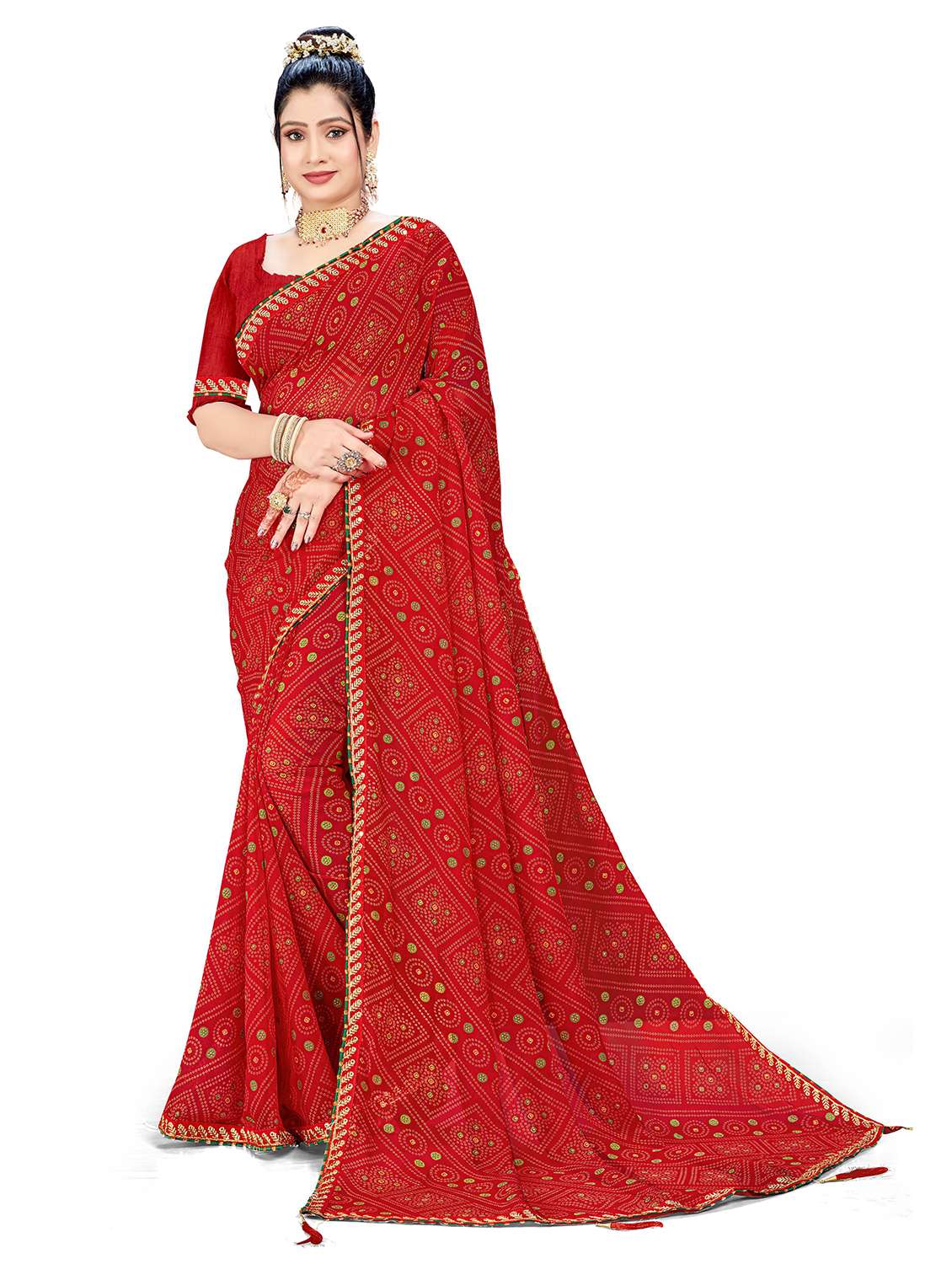 women bandhani printed saree with blouse