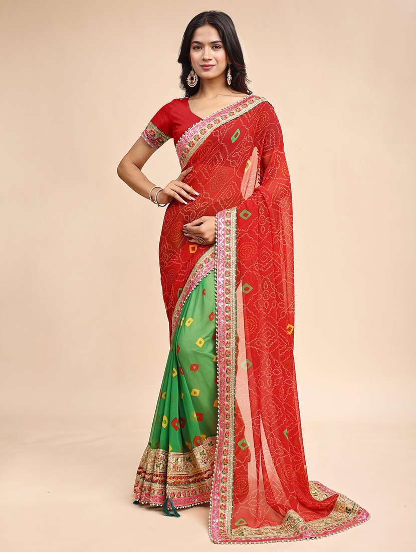 women bandhani printed half & half saree with blouse