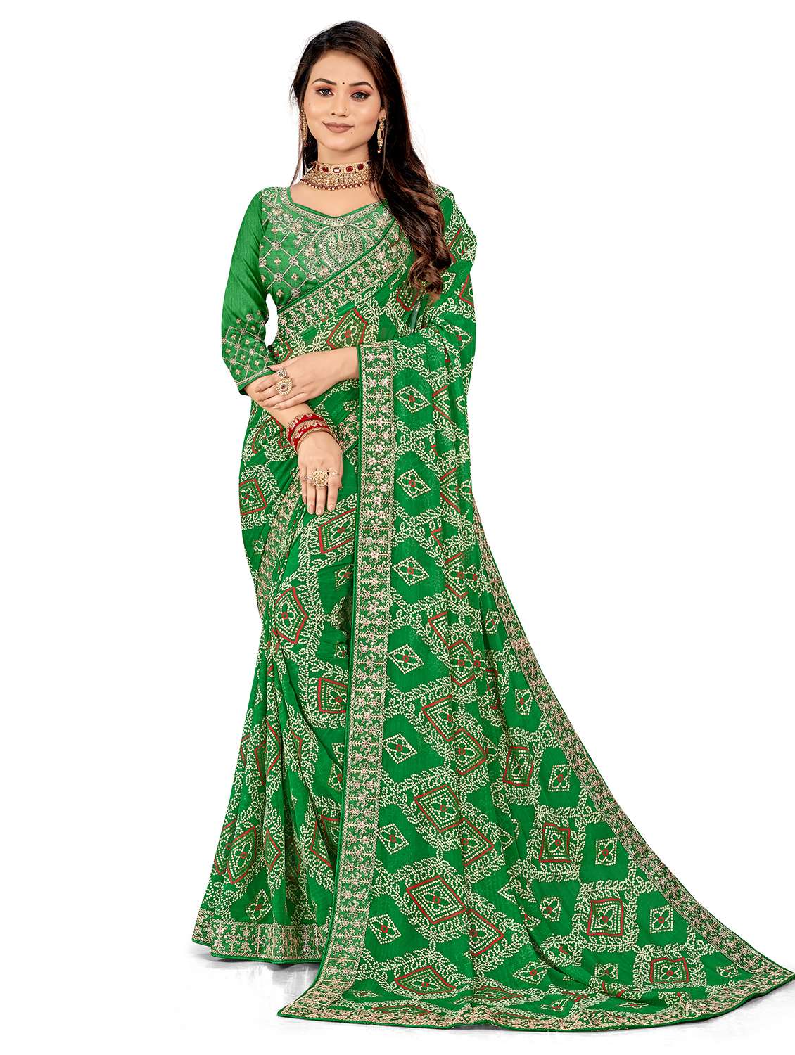 women bandhani printed saree with blouse