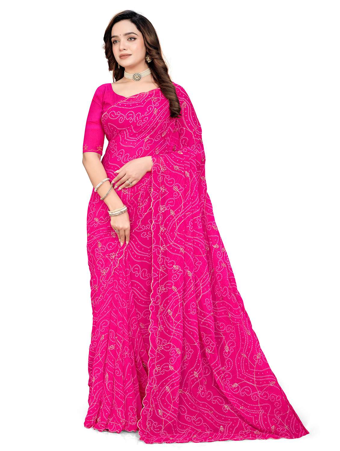 women bandhani printed saree with blouse