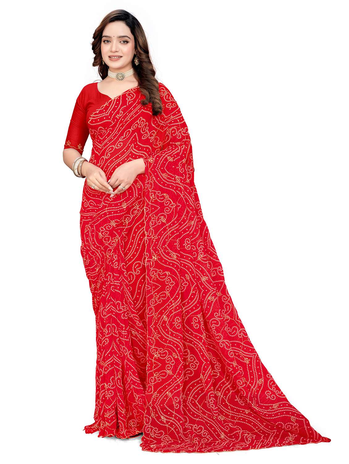 women bandhani printed saree with blouse