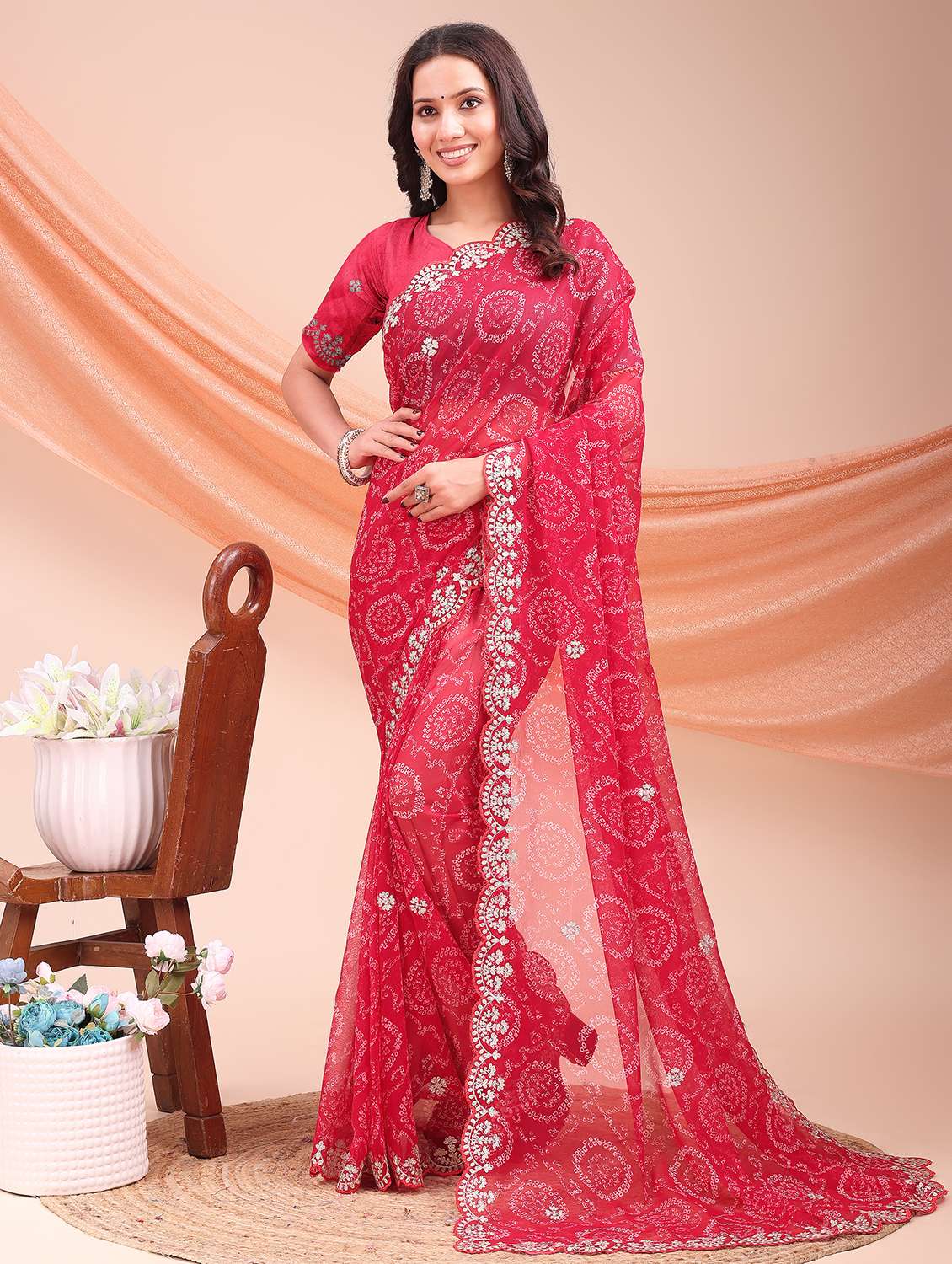 women bandhani printed saree with blouse