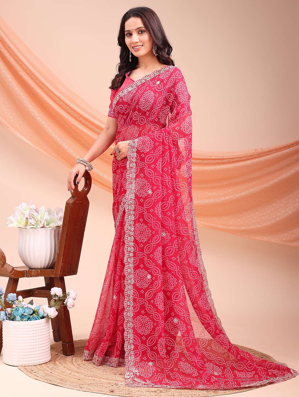 Women Bandhani Printed Saree With Blouse - 22606872 -  Standard Image - 2