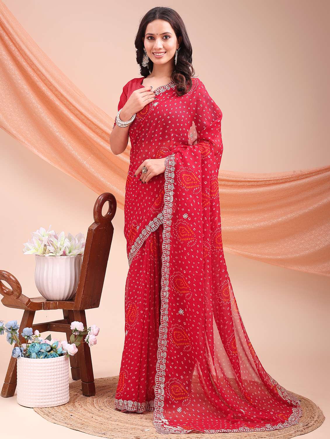 women bandhani printed saree with blouse