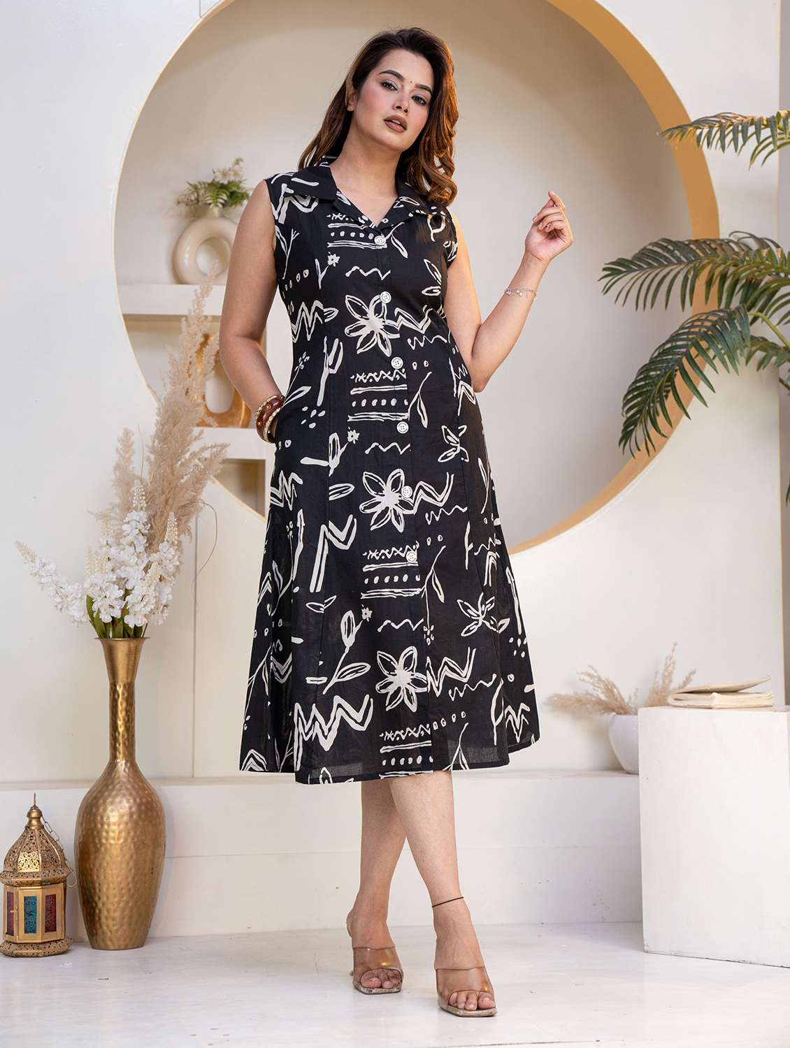 women printed sleeveless a-line dress