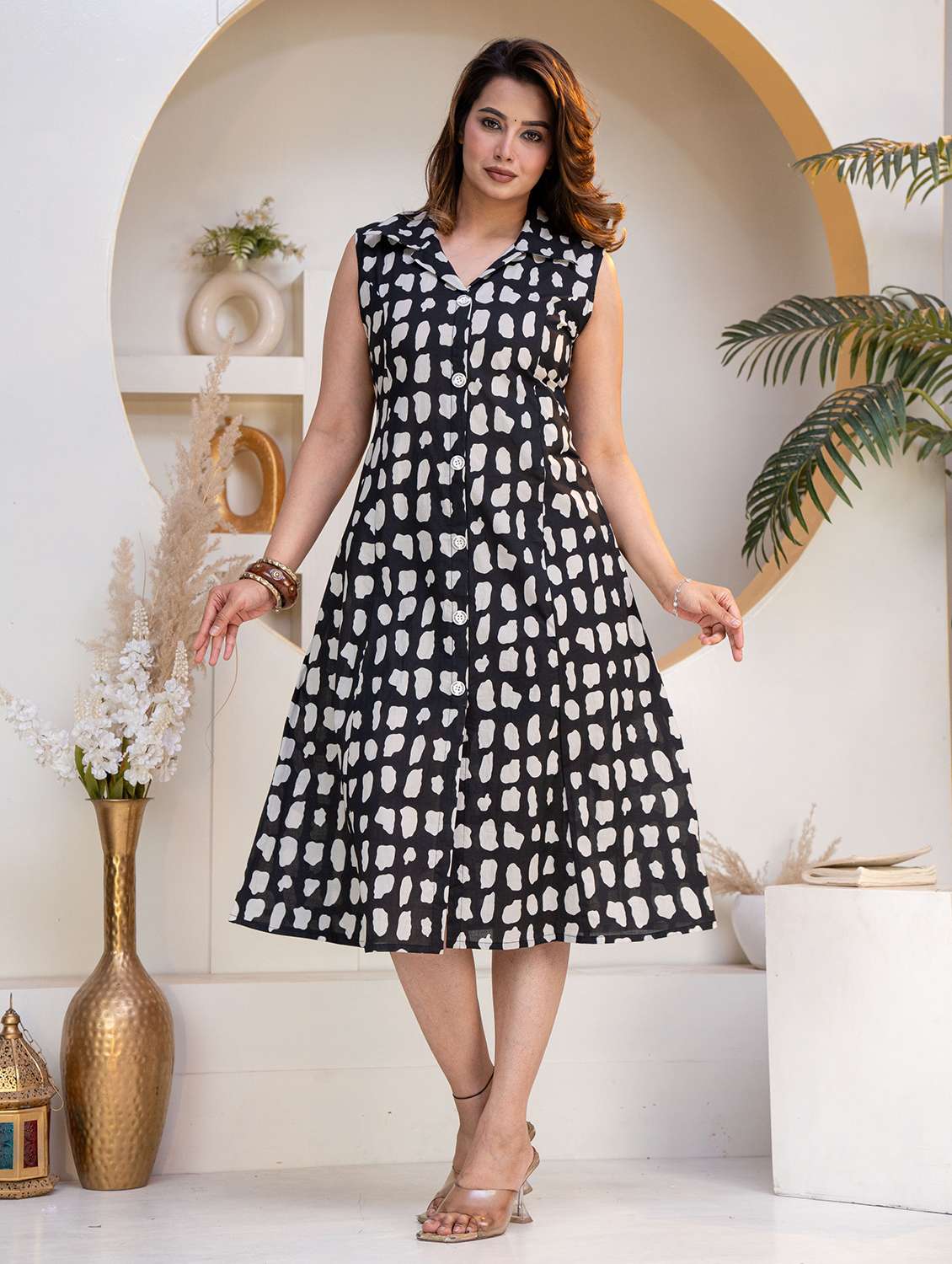 women printed sleeveless a-line dress