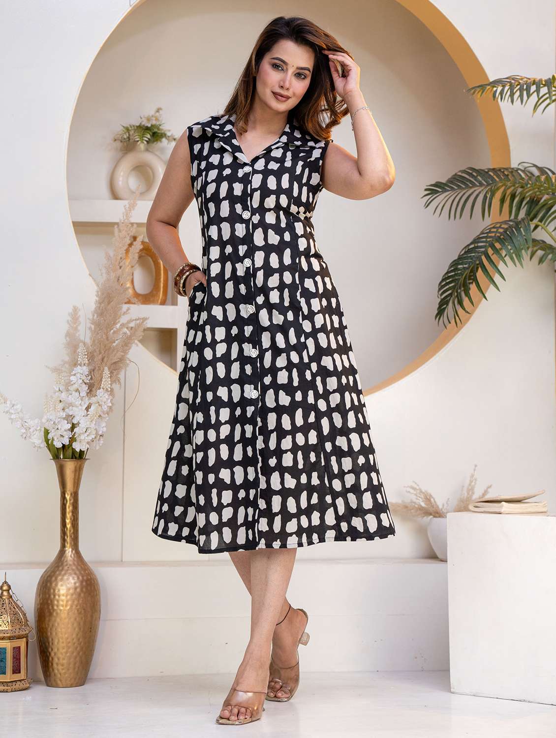 women printed sleeveless a-line dress - 22608773 -  Standard Image - 2