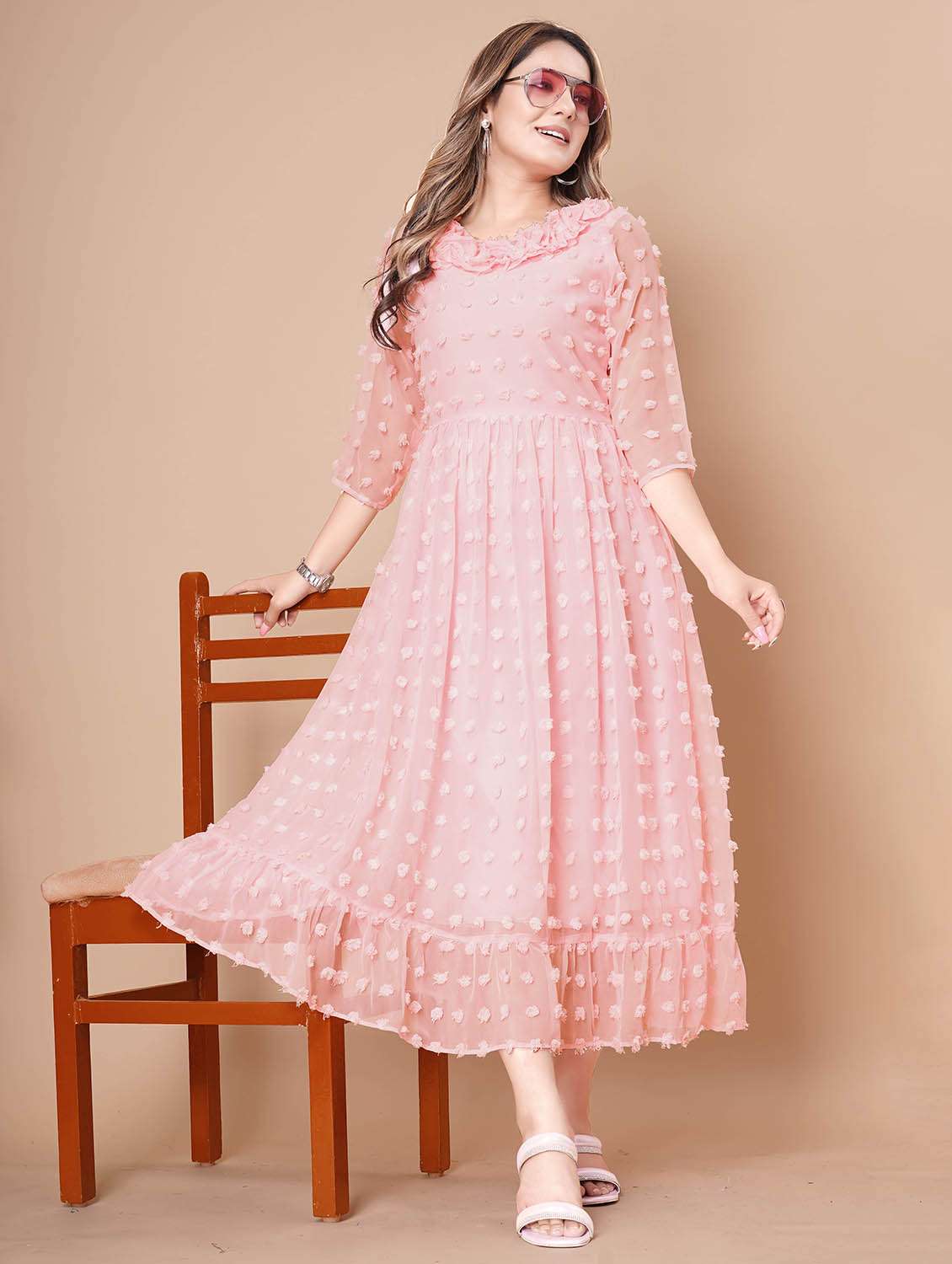 women self design three quarter sleeves tiered dress