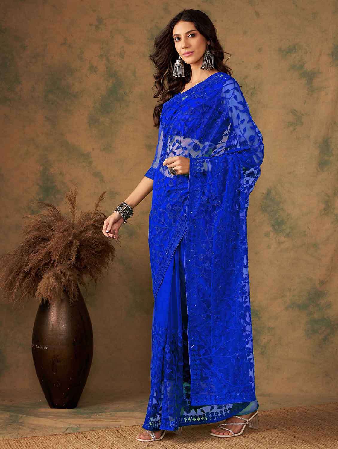 Women Solid With Work Embroidered Saree With Blouse - 22610083 -  Standard Image - 2