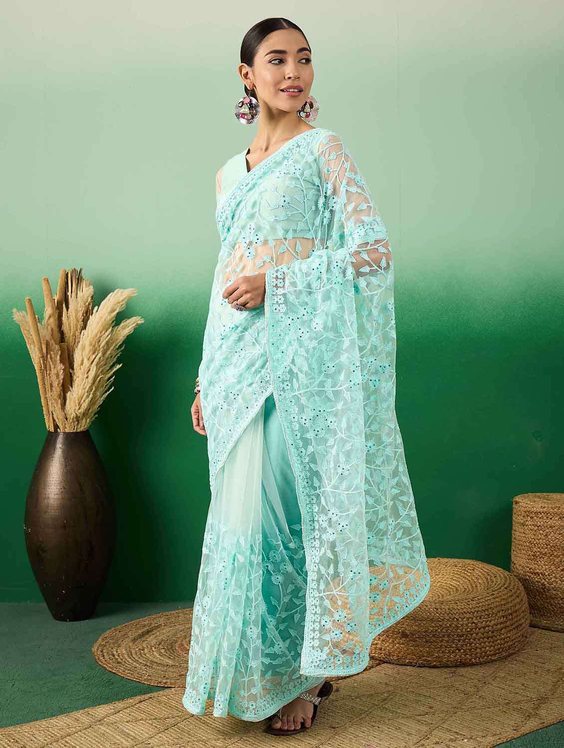 women solid with work embroidered saree with blouse - 22610084 -  Standard Image - 2