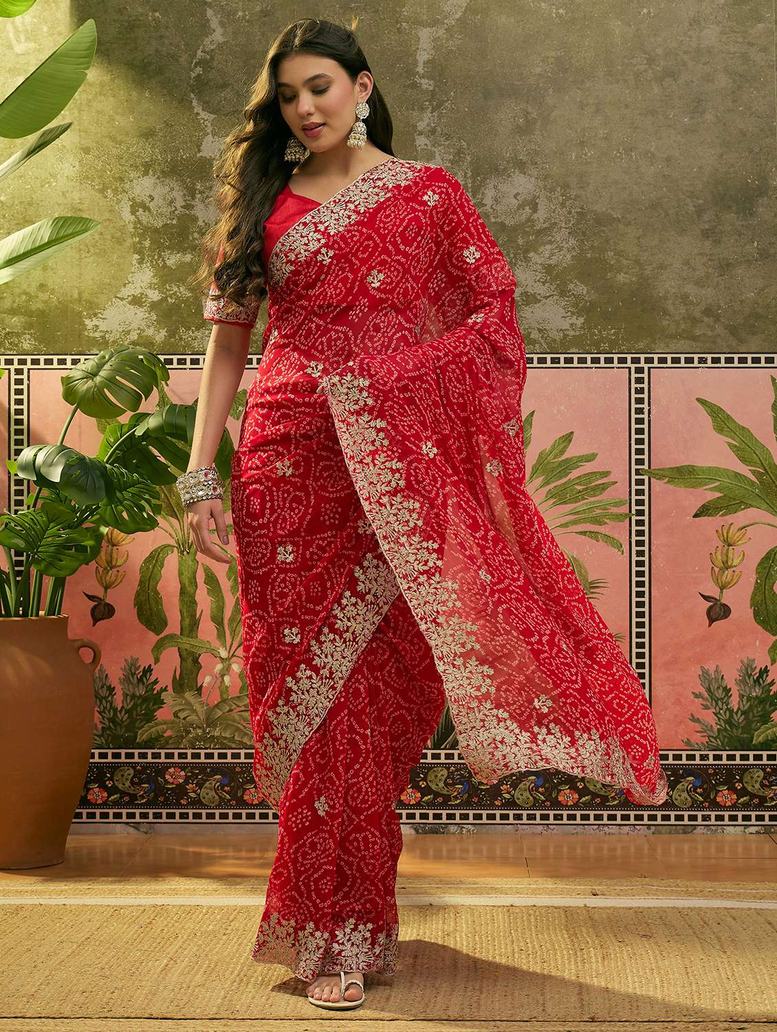 women bandhani printed saree with blouse