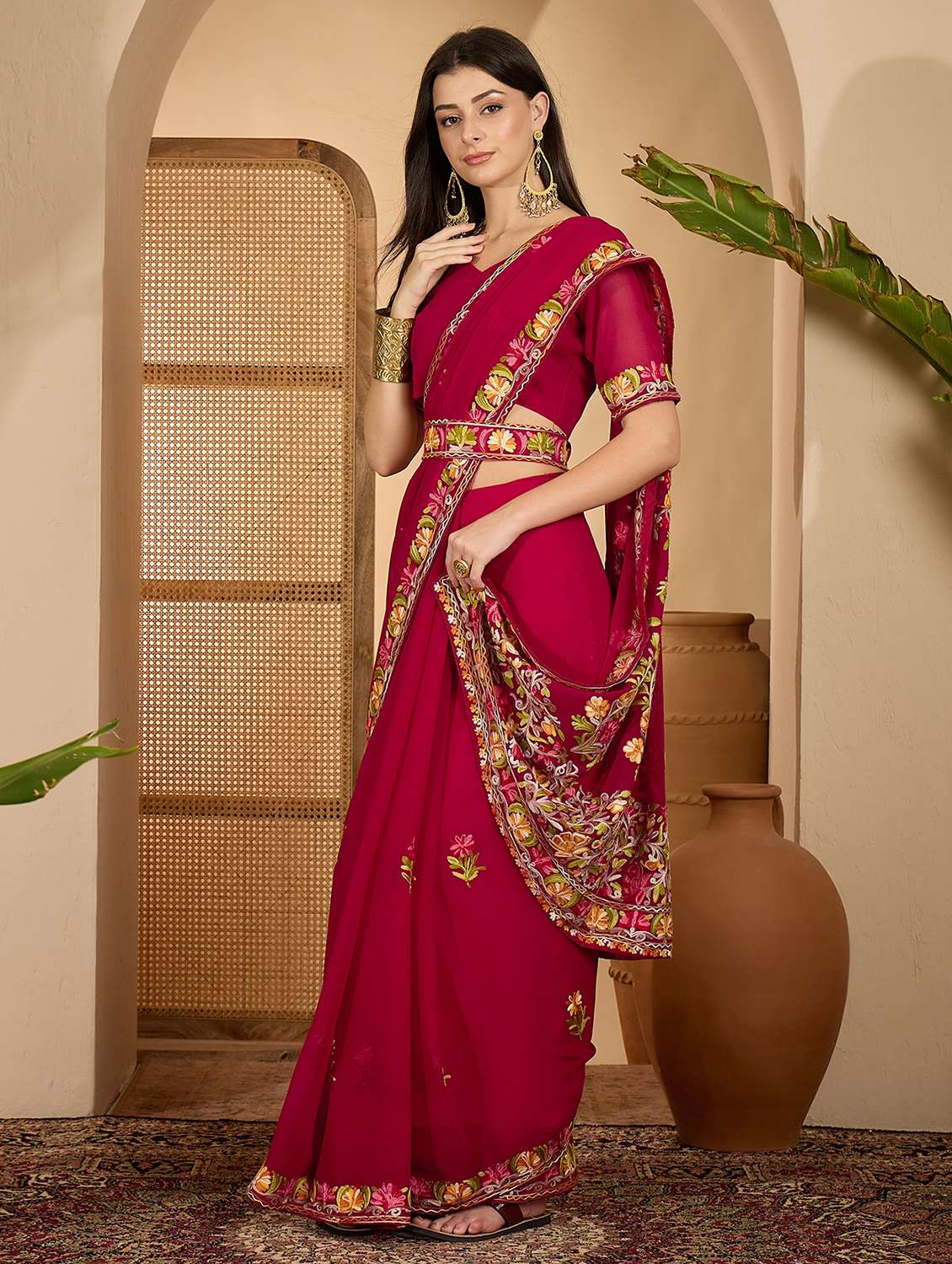 Women Solid With Work Embroidered Saree With Blouse - 22610115 -  Standard Image - 2