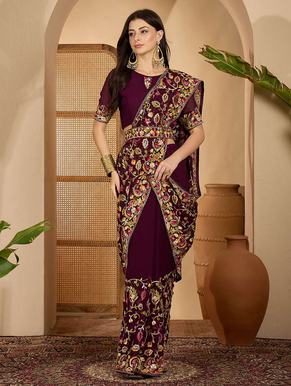 women solid with work embroidered saree with blouse