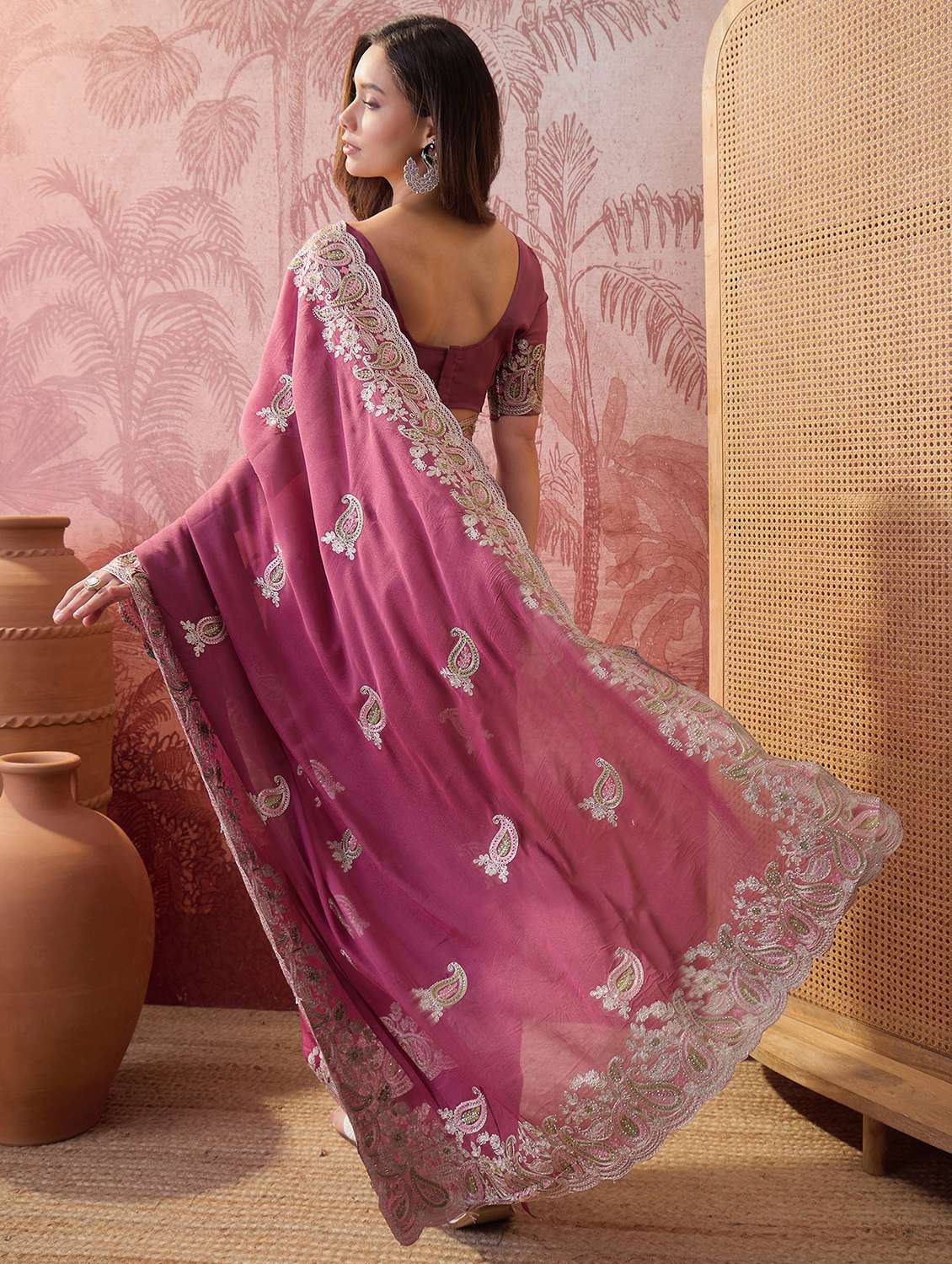 women solid with work embroidered saree with blouse - 22610128 -  Standard Image - 2