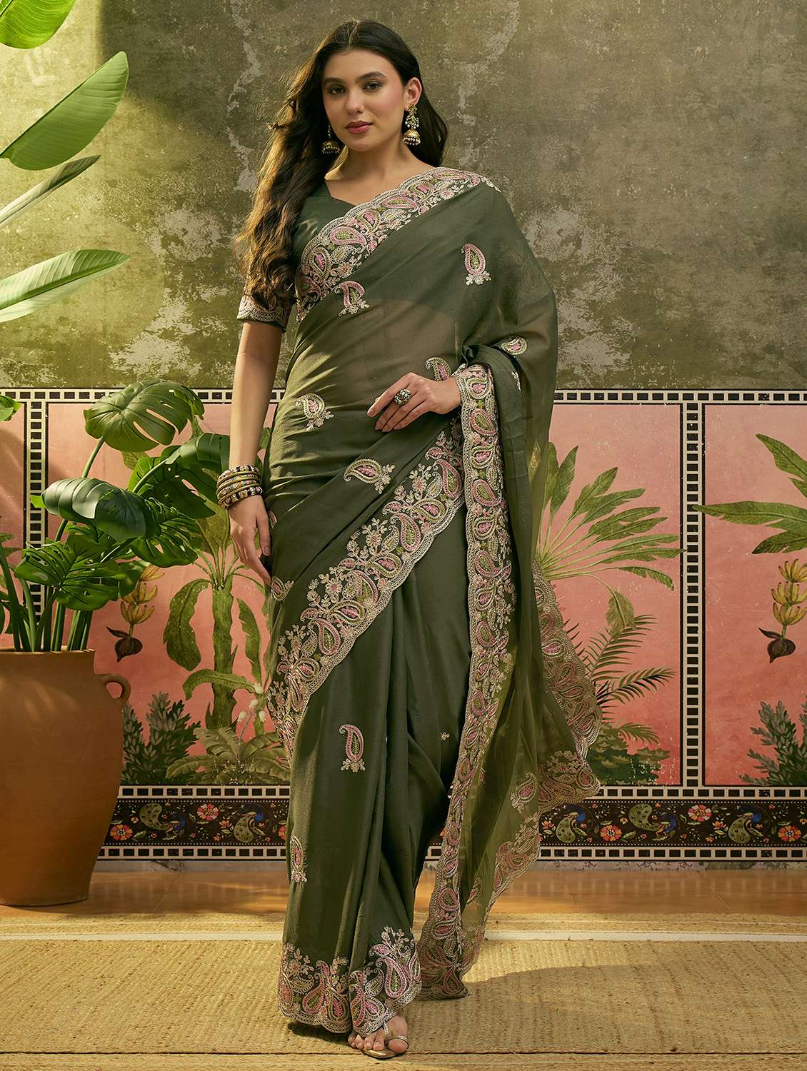 women solid with work embroidered saree with blouse
