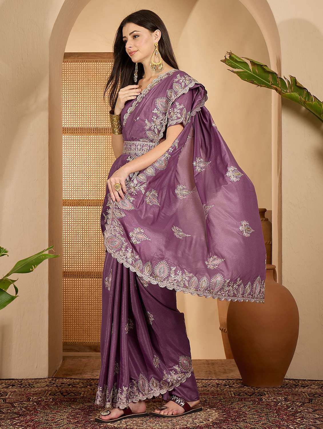 women solid with work embroidered saree with blouse - 22610134 -  Standard Image - 2