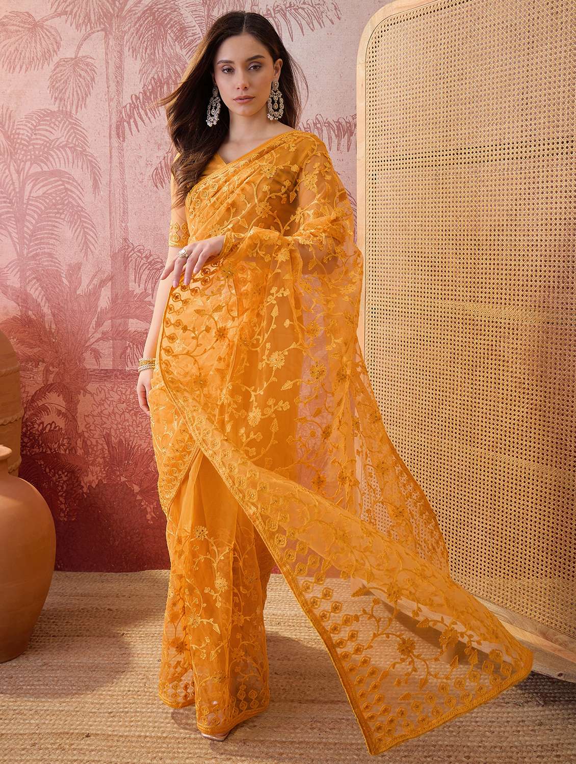 Women Solid With Work Embroidered Saree With Blouse - 22610143 -  Standard Image - 2