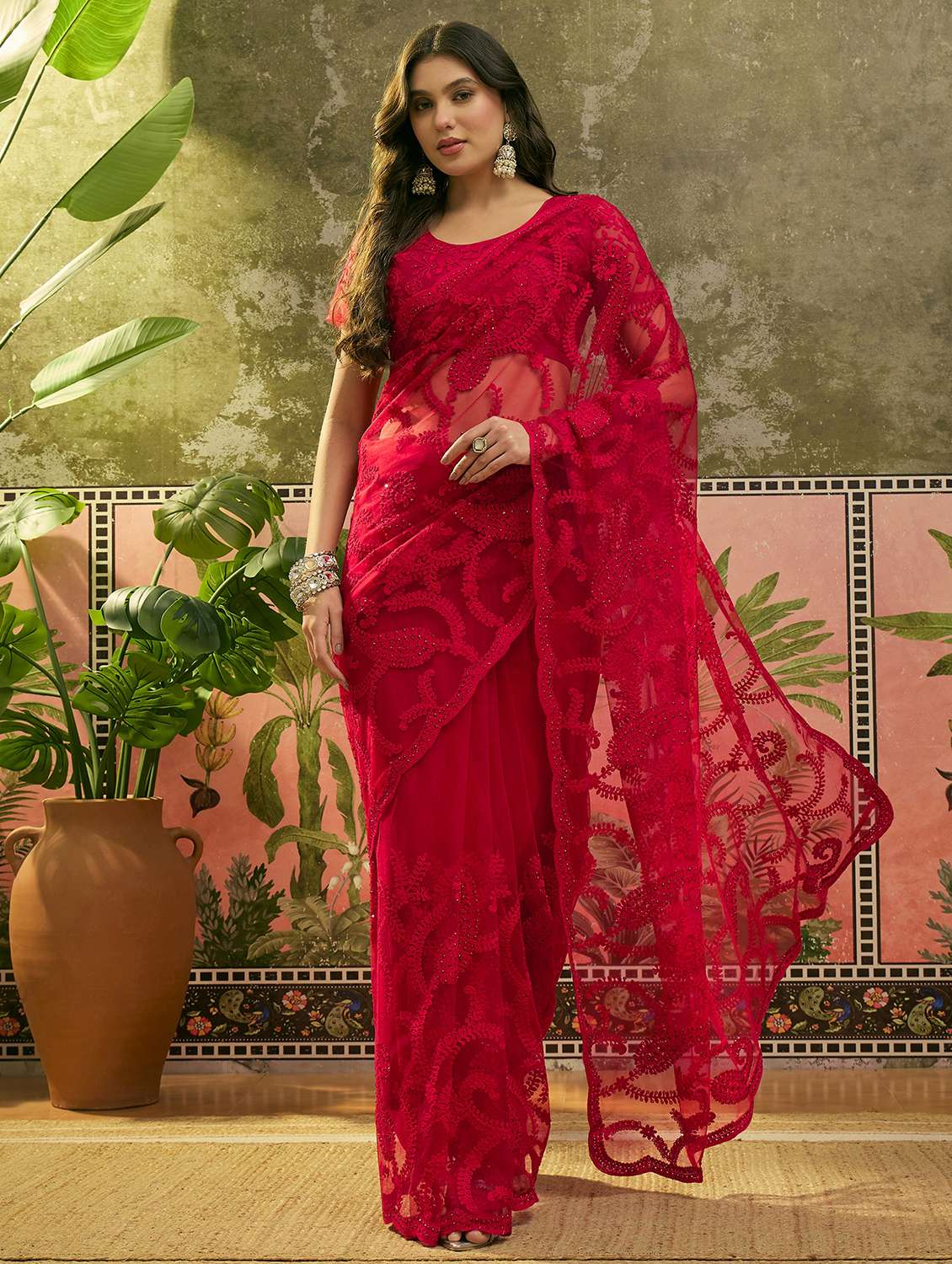 women solid with work embroidered saree with blouse