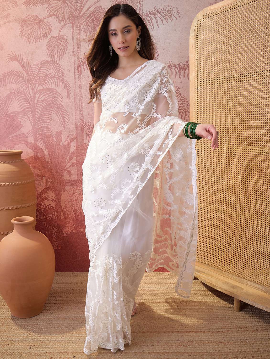 women solid with work embroidered saree with blouse