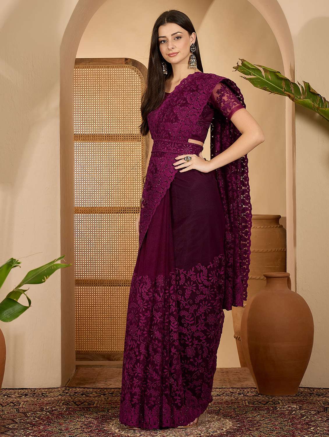 women solid with work embroidered saree with blouse - 22610155 -  Standard Image - 2