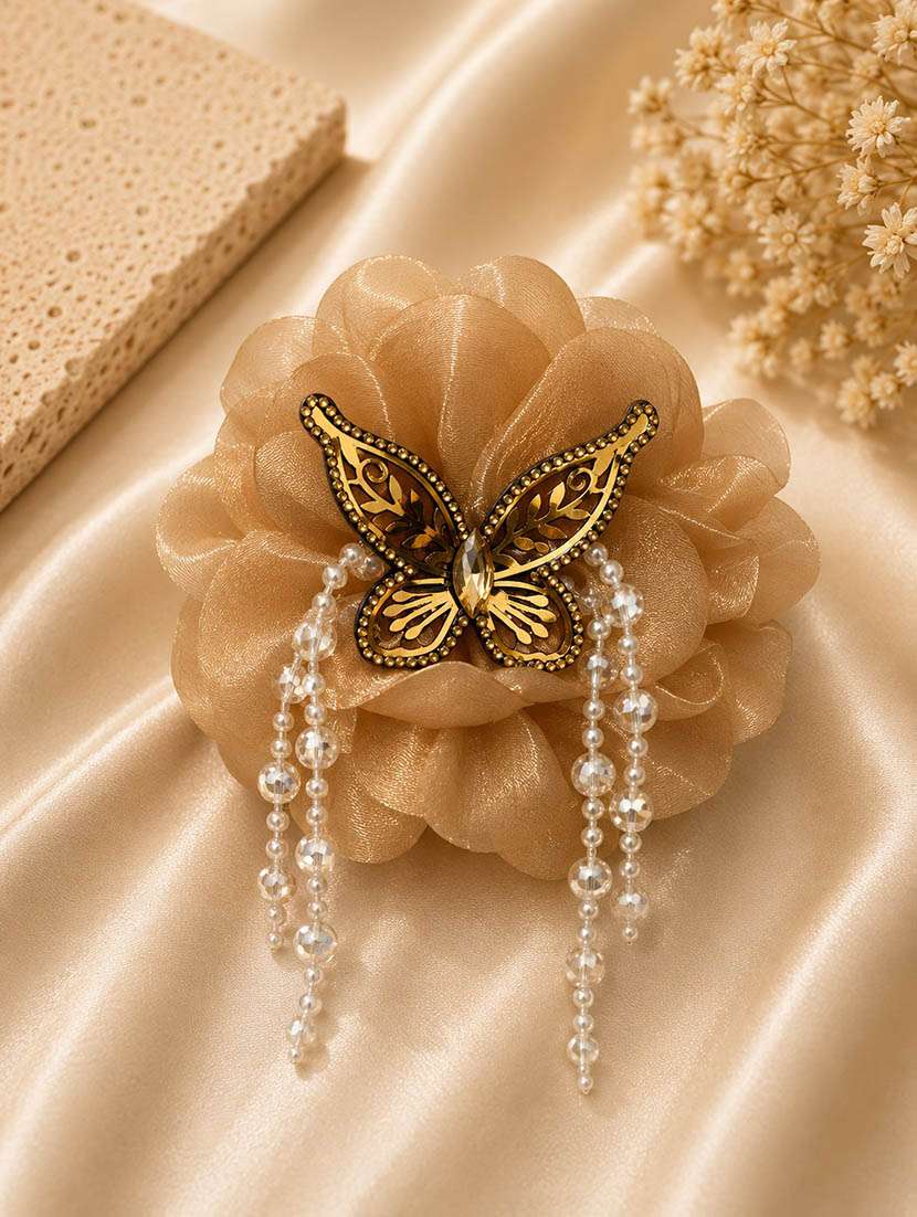 golden organza butterfly hair claw clip with pearl bead tassels