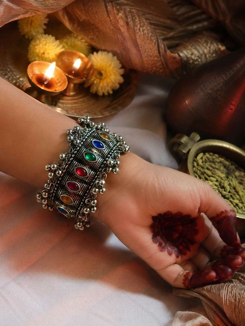 adjustable oxidised silver plated ghungroo bracelet with multicolor stones - 22610324 -  Standard Image - 2