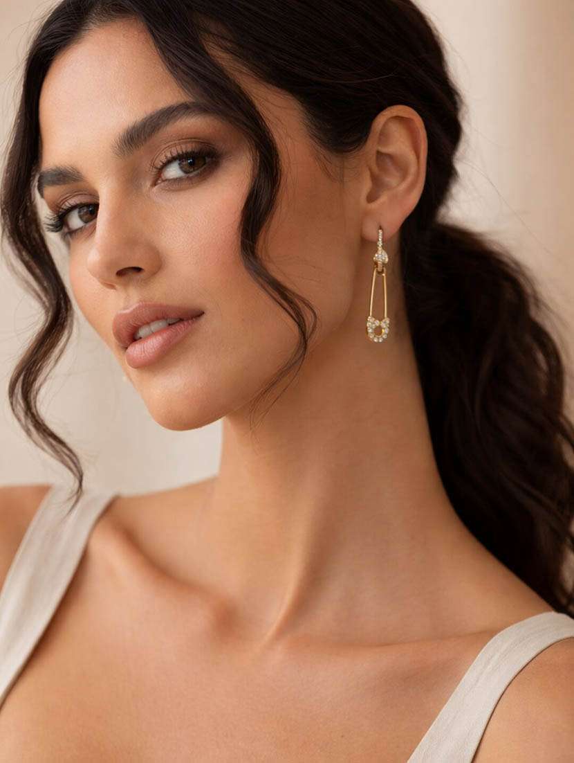 women crystal safety pin gold toned drop earrings - 22610333 -  Standard Image - 2