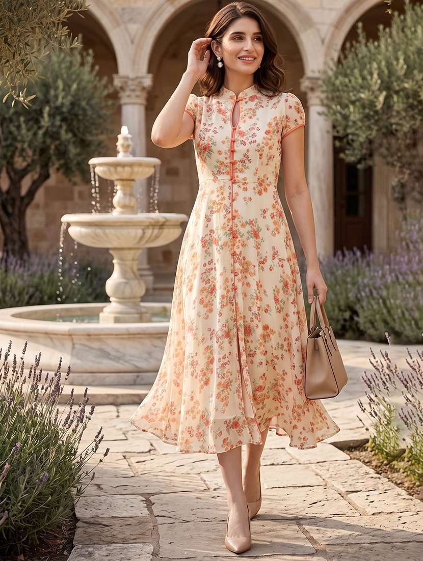 Women Printed Cap Sleeves Fit And Flare Dress - 22610339 -  Standard Image - 2