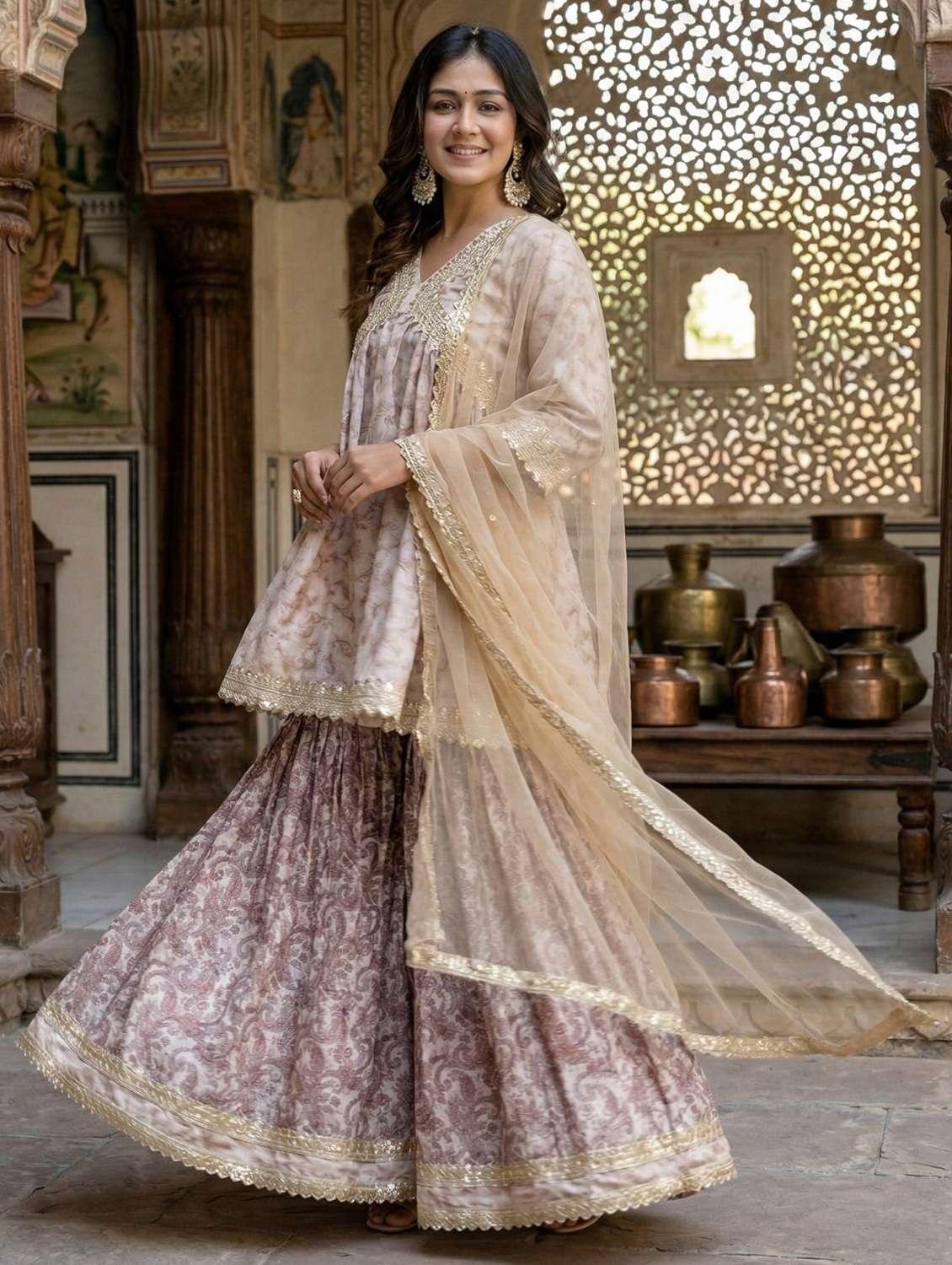 Women Printed Three Quarter Sleeves Kurta Sharara Set With Dupatta - 22610586 -  Standard Image - 2