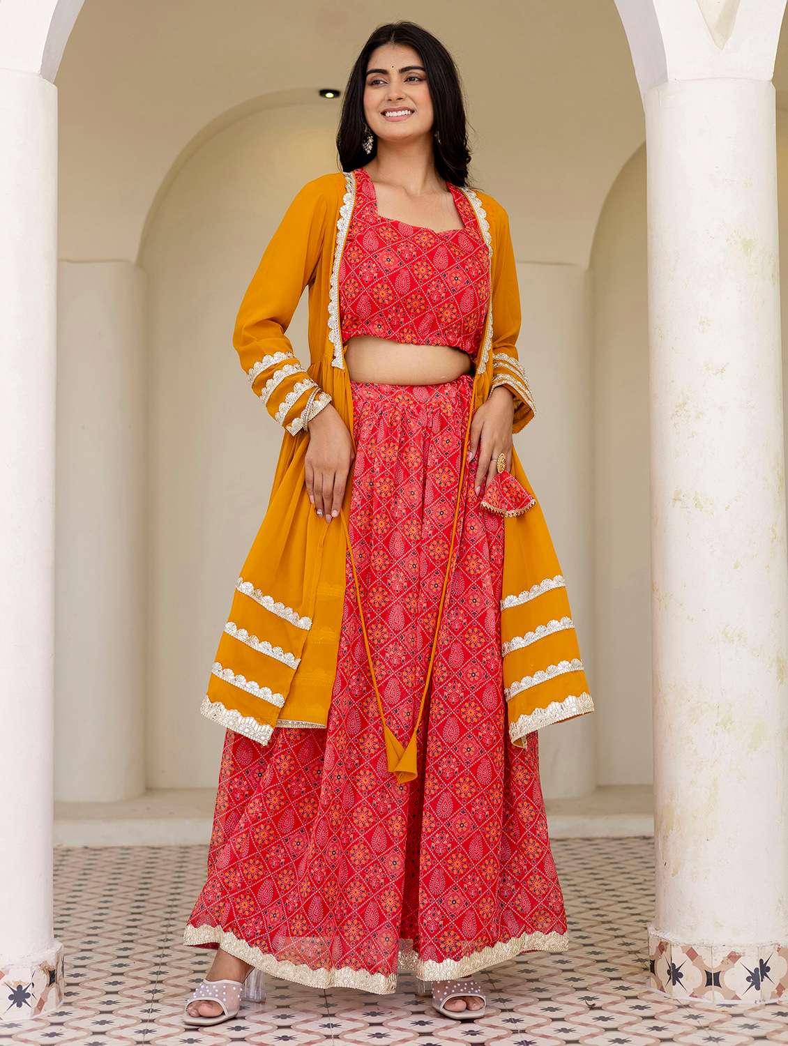 Women Printed Long Sleeves Top Skirt Set With Jacket - 22610592 -  Standard Image - 2