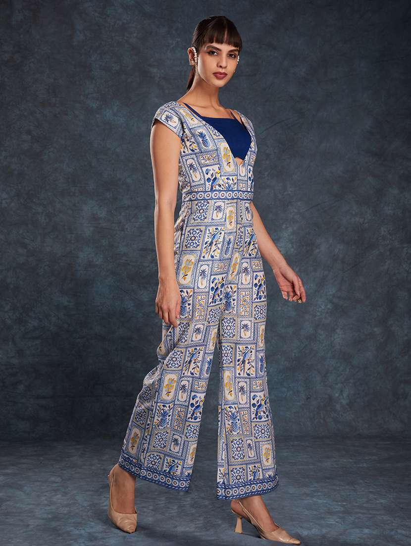 women printed cap sleeves full leg jumpsuit with crop top - 22610747 -  Standard Image - 2