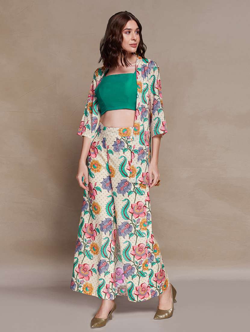 women printed three quarter sleeves top and trouser co-ord set with shrug - 22610753 -  Standard Image - 2