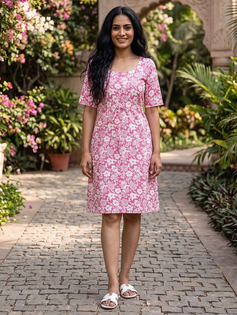 women printed short sleeves a-line dress