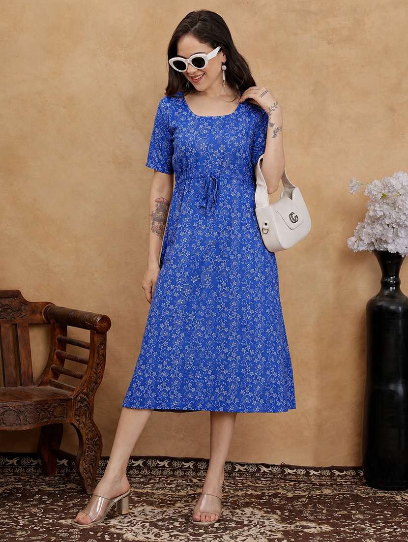 women printed short sleeves a-line dress