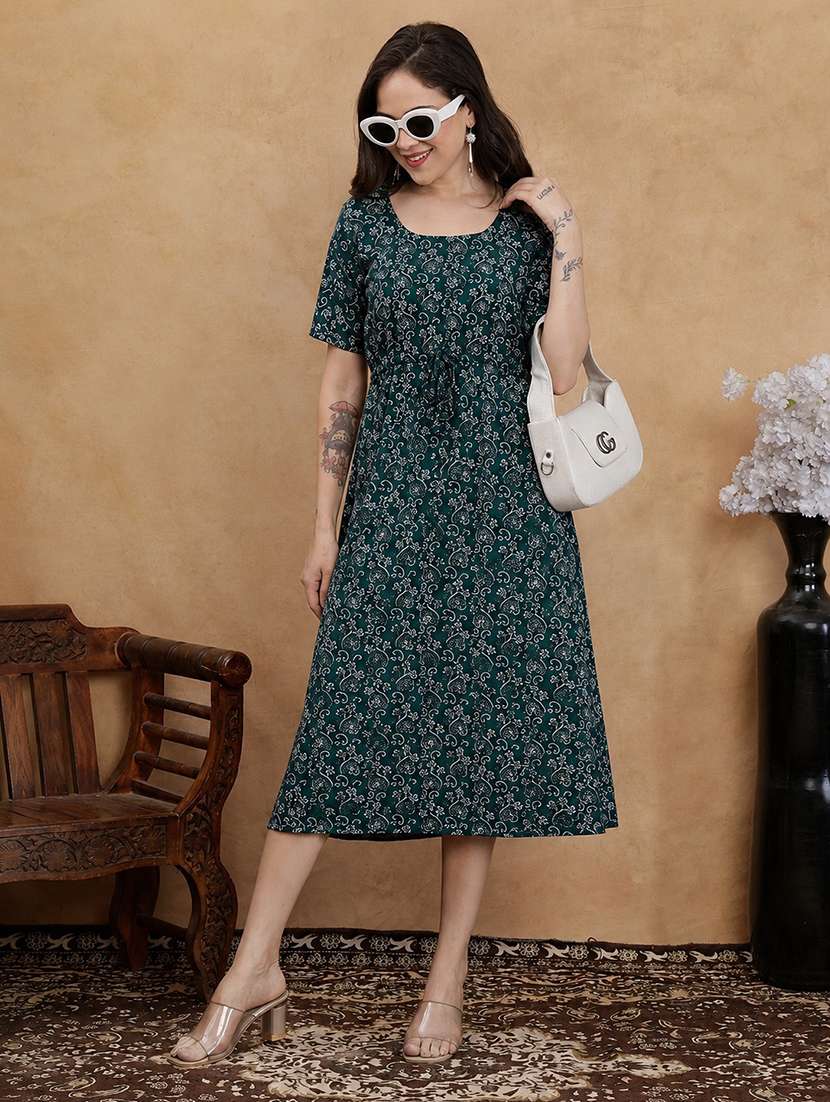 women printed short sleeves a-line dress