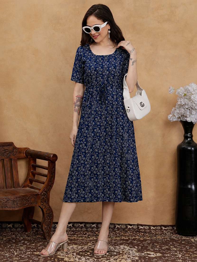 women printed short sleeves a-line dress
