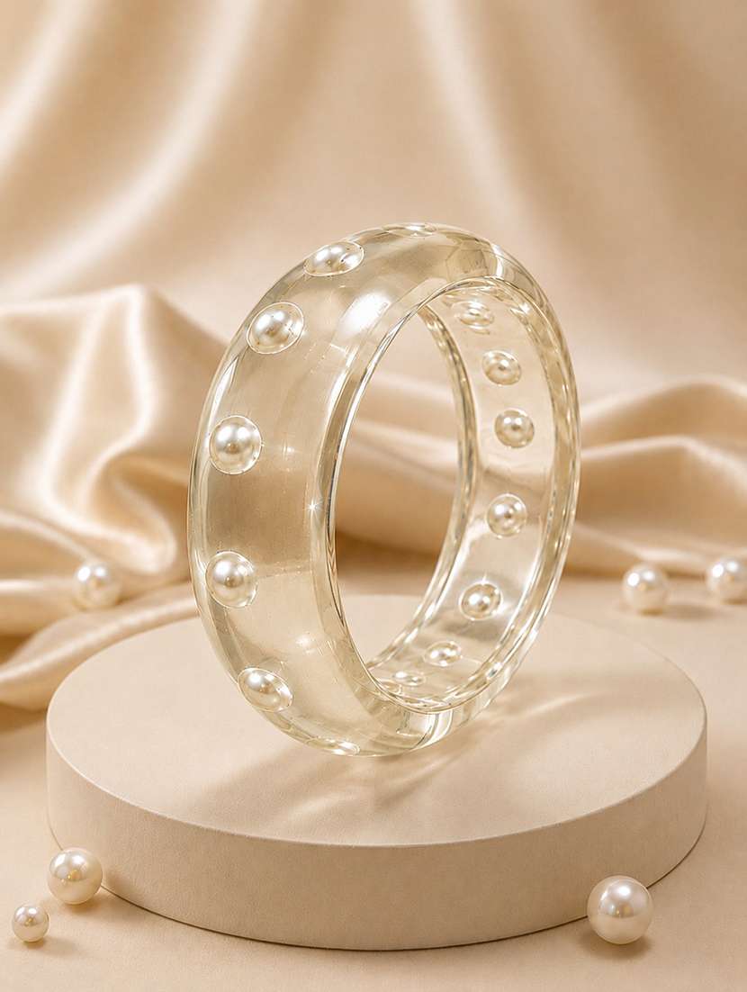women set of 3 white acrylic clear sculpted resin bangles with pearls  - 22614917 -  Standard Image - 2