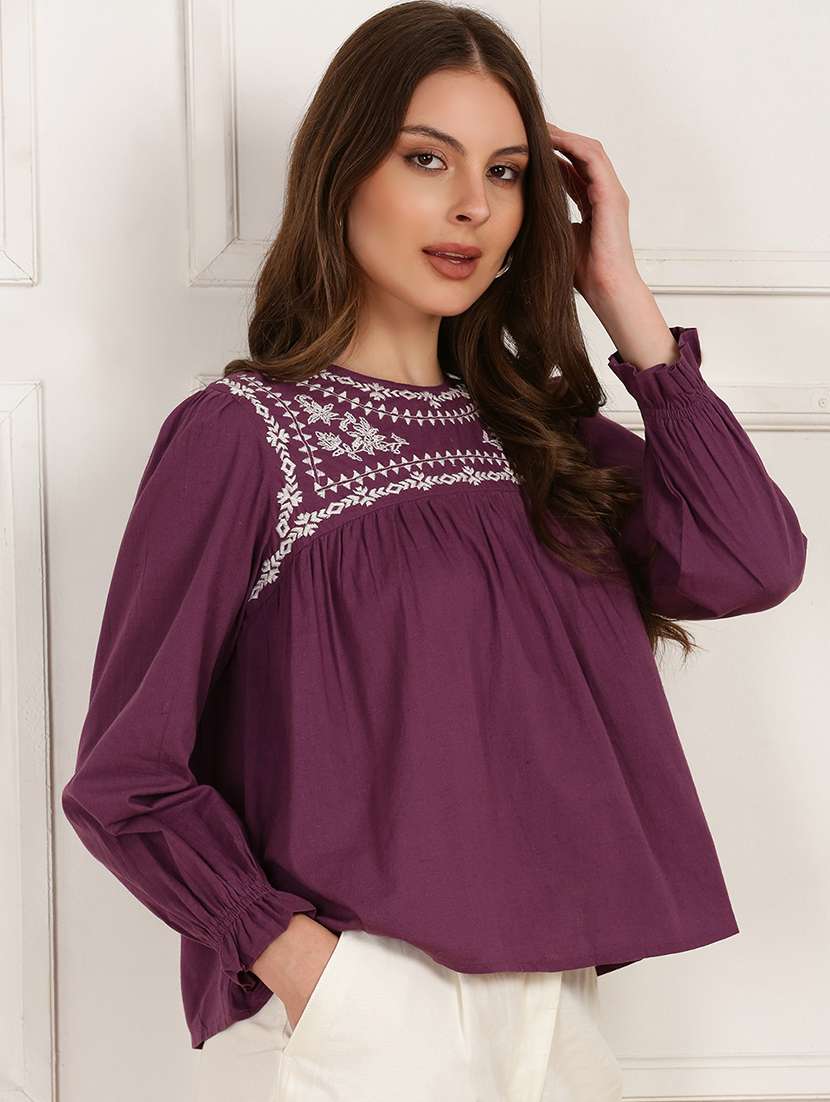 women embroidered long sleeves regular top