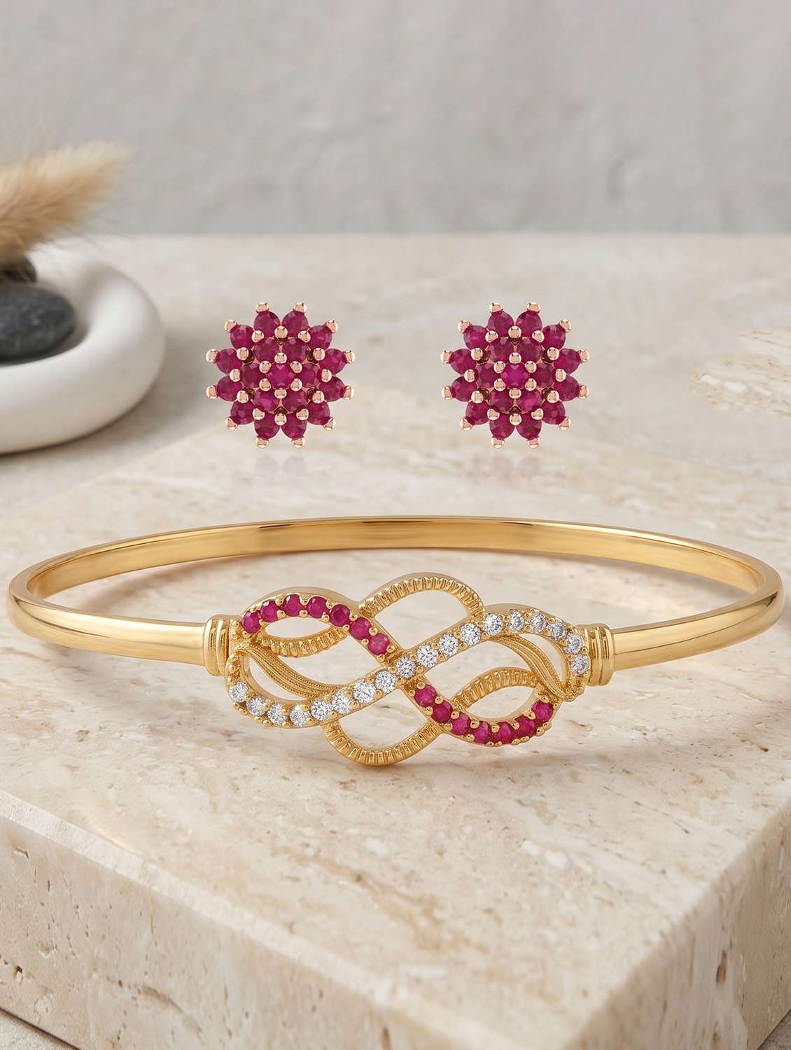 women brass moissanite and natural ruby kada earring set