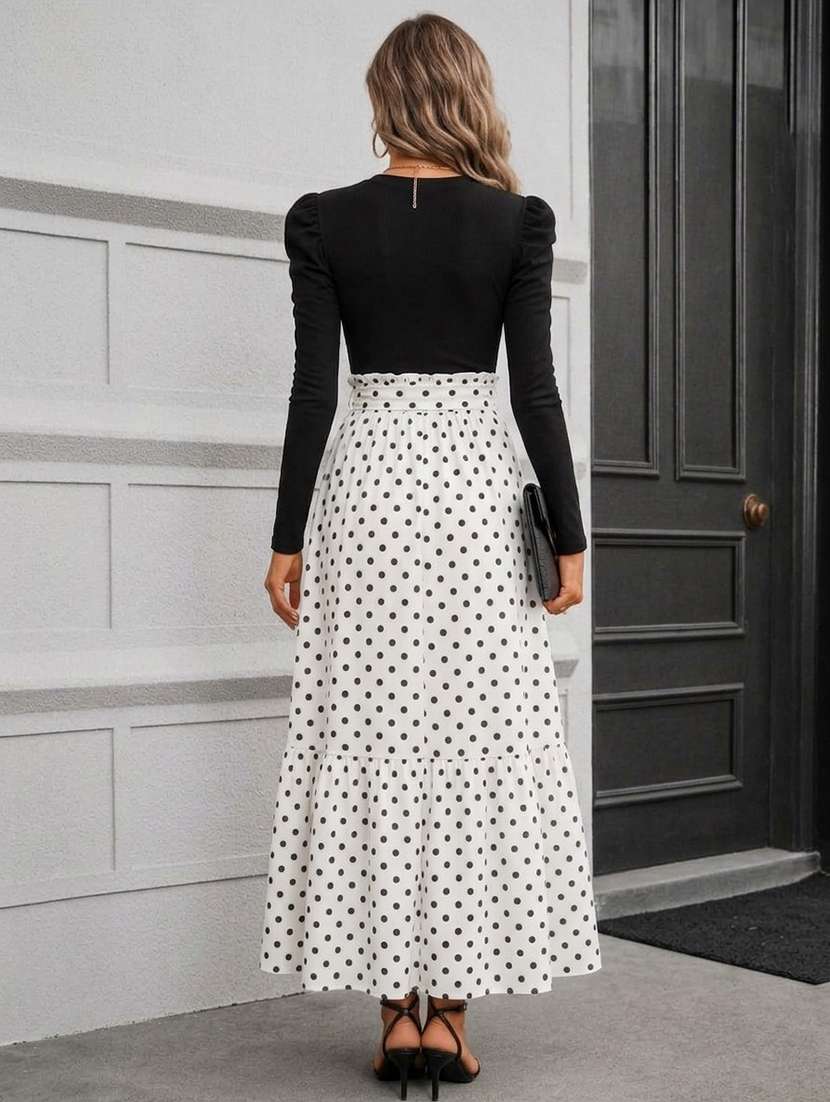women polka dots printed long sleeves tiered dress - 22615102 -  Standard Image - 2