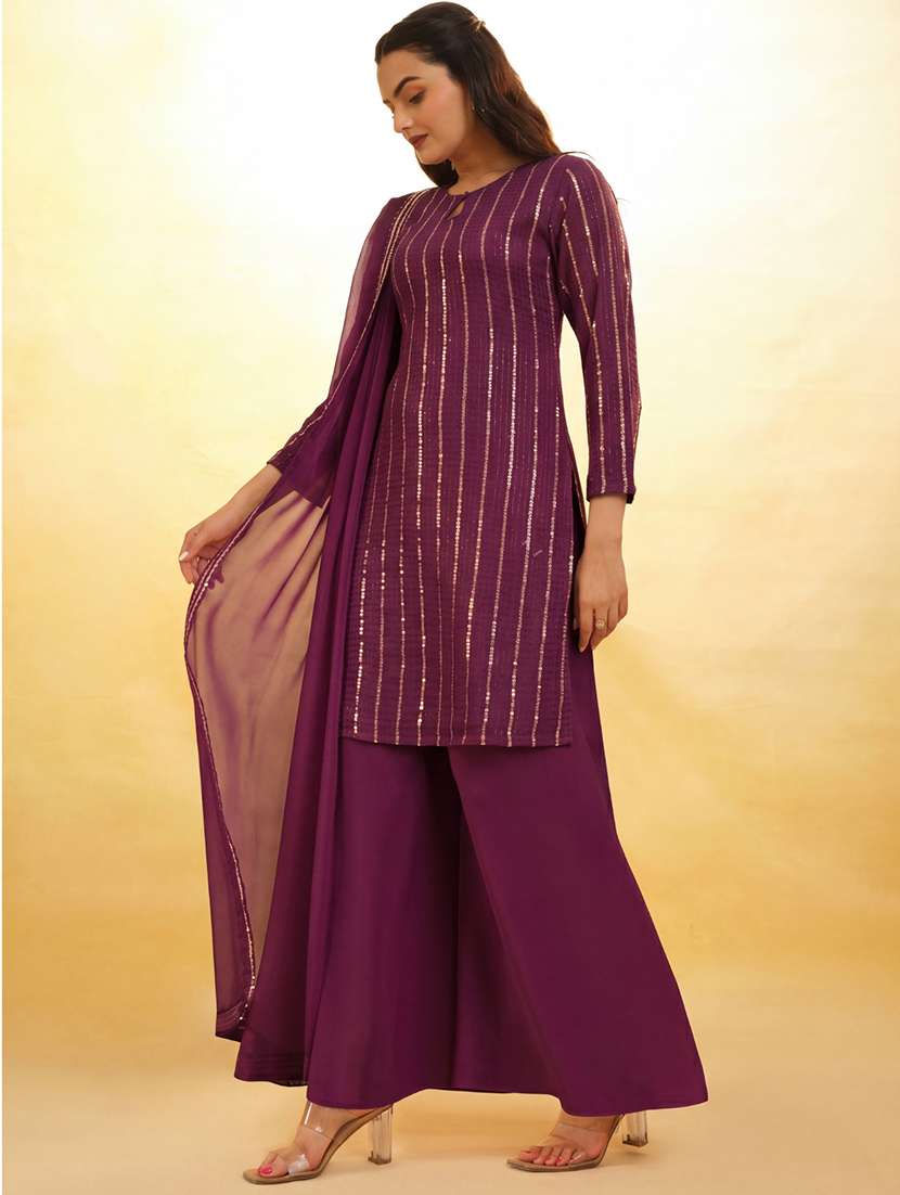 women embroidered three quarter sleeves kurta palazzo set with dupatta - 22615486 -  Standard Image - 2