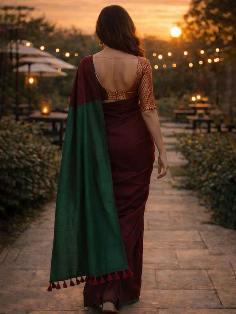 Women Solid Handloom Saree With Blouse - 22615535 -  Standard Image - 2