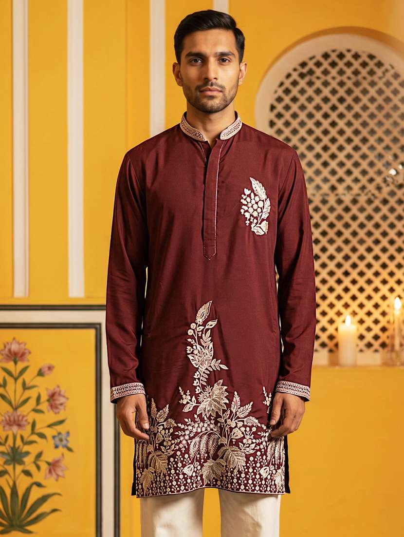 men solid with work mandarin neck long kurta - 22615699 -  Standard Image - 2