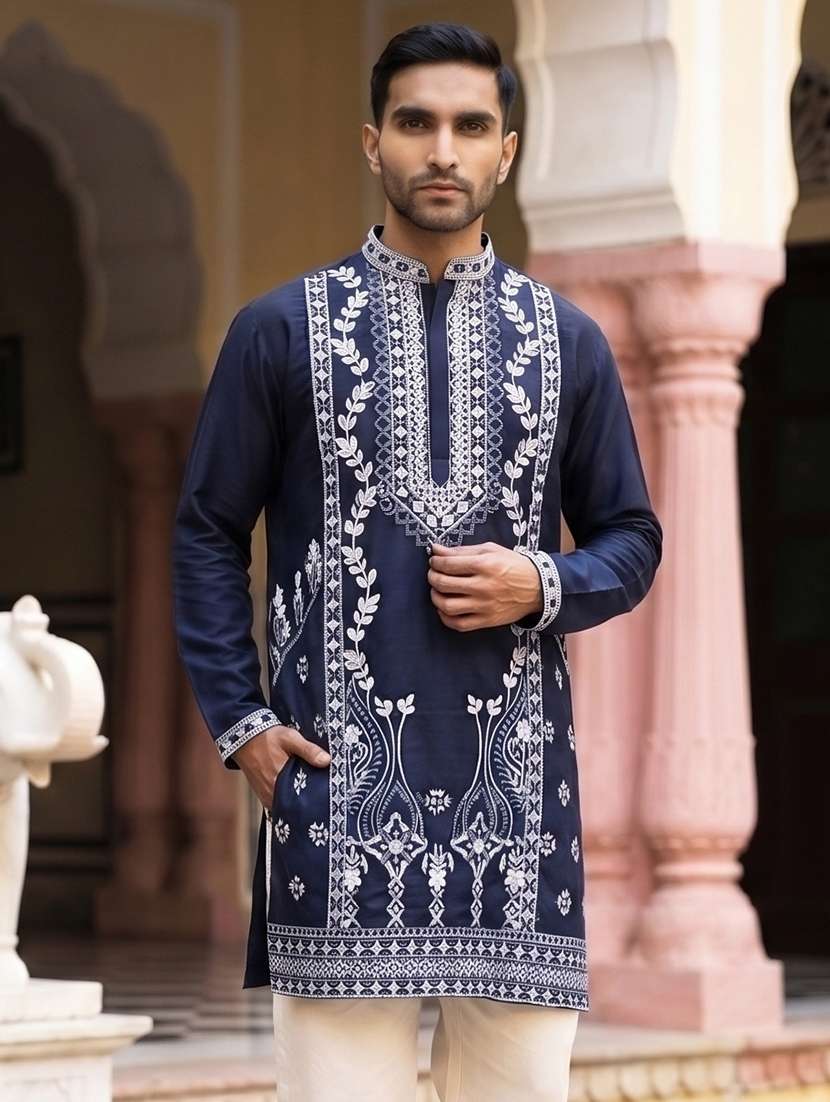 men embroidered mandarin neck short kurta